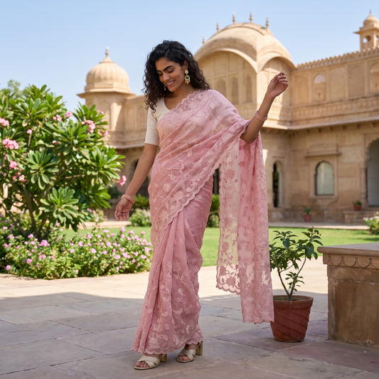 Light Pink Floral Embroidered Dupatta with Scalloped Border