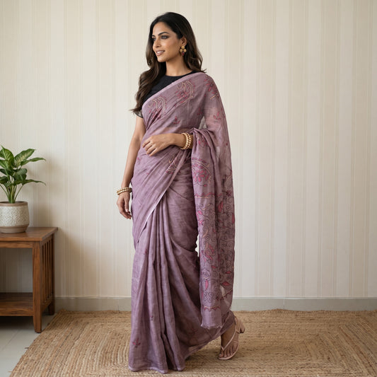 KANTHA Mauve Purple Handcrafted Linen Saree