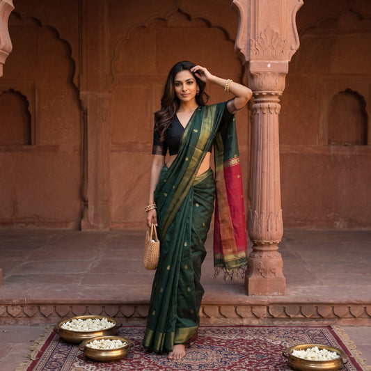 Dark Green and Pink Silk Saree with Gold Zari Motifs