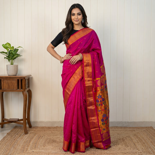 Vibrant Pink Paithani Silk Saree with Rich Golden Zari Pallu