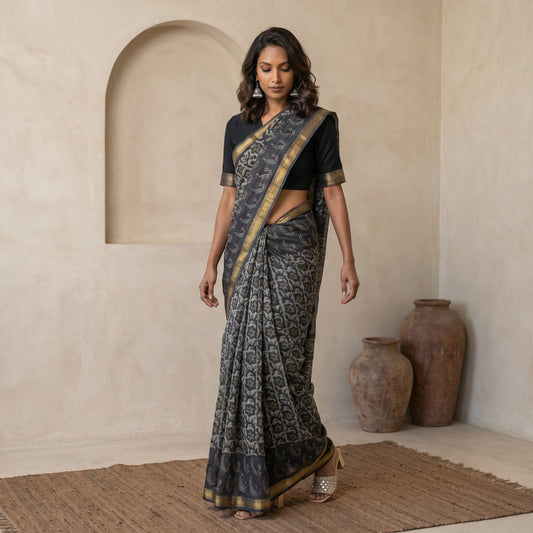 Elegant Charcoal Gray Printed Saree with Gold Zari Border