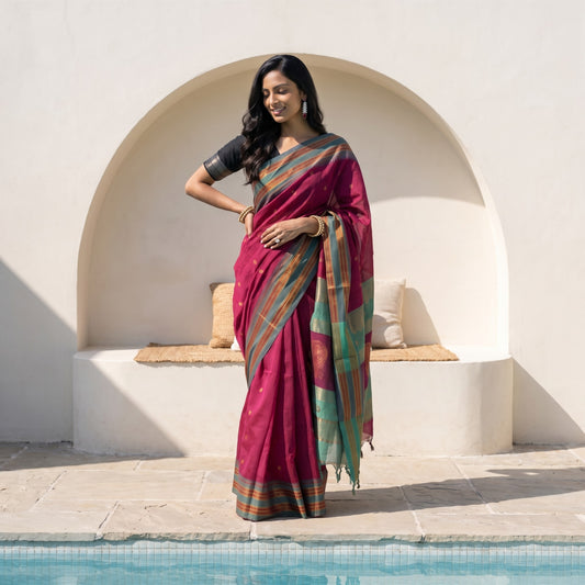 Pink and Teal Silk Saree with Zari Work