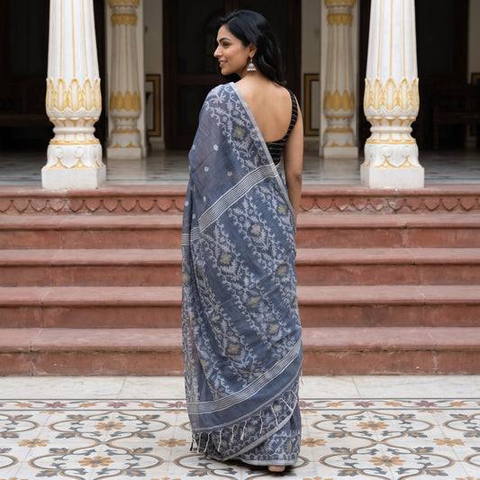 Slate Blue Handwoven Cotton Jamdani Saree