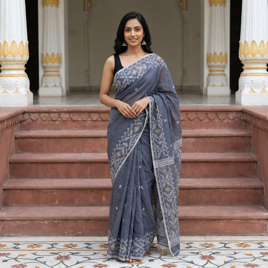 Slate Blue Handwoven Cotton Jamdani Saree