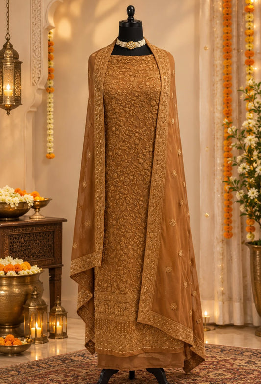 Brown Lucknowi unstitched suit