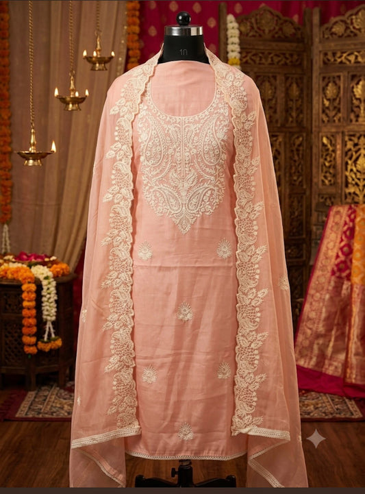 Peach Unstitched Suit with White Thread work