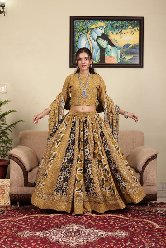 Bagru hand block printed cotton designer top & skirt with mulmul duptta available..( lehenga choli)
