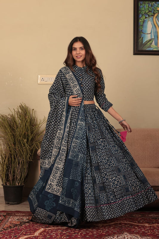 Bagru hand block printed cotton designer top & skirt with mulmul duptta available..( lehenga choli)