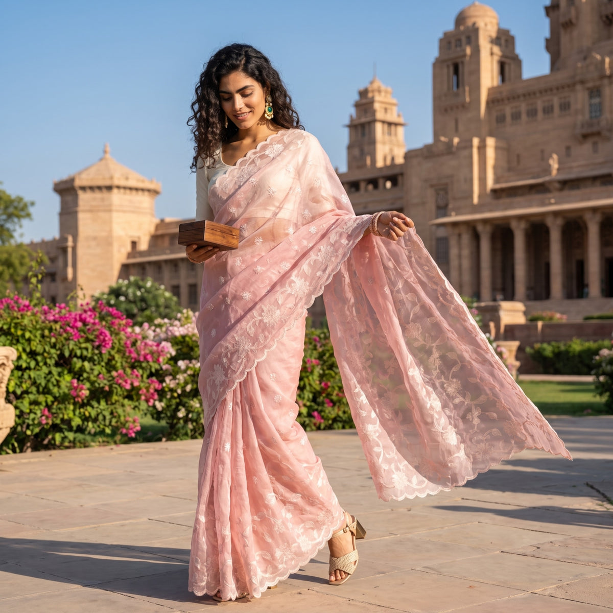 Light Pink Floral Embroidered Dupatta with Scalloped Border
