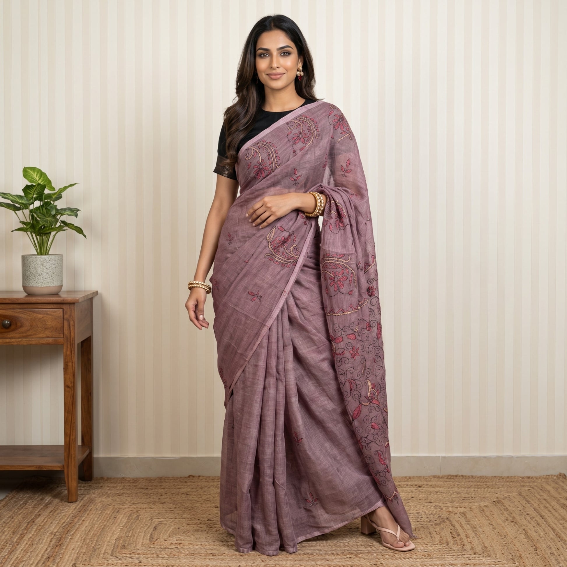 Mauve Purple Embroidered Linen Saree