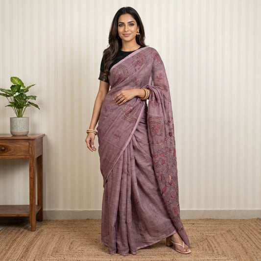 Mauve Purple Embroidered Linen Saree