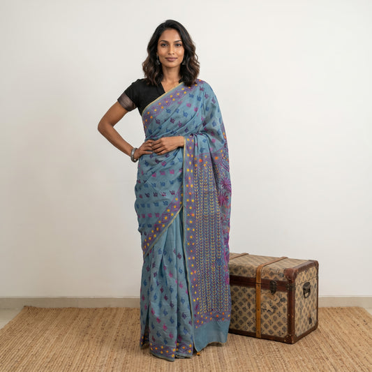 Blue Hand Embroidered Kantha Cotton Saree