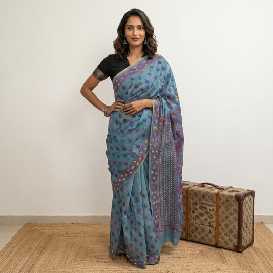 Blue Hand Embroidered Kantha Cotton Saree