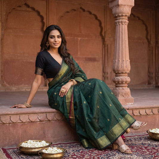 Dark Green and Pink Silk Saree with Gold Zari Motifs
