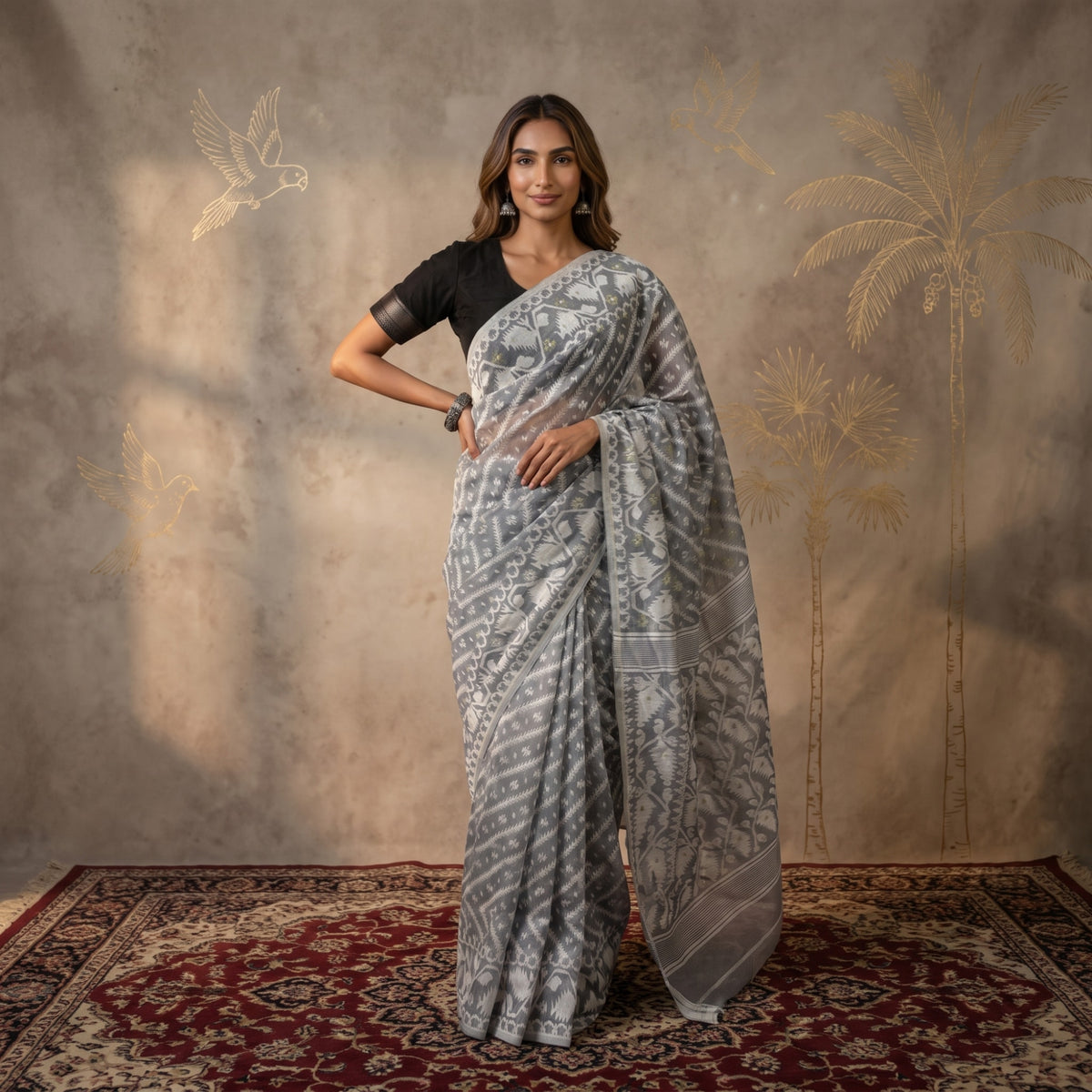 Grey Jamdani Woven Cotton Blend Saree