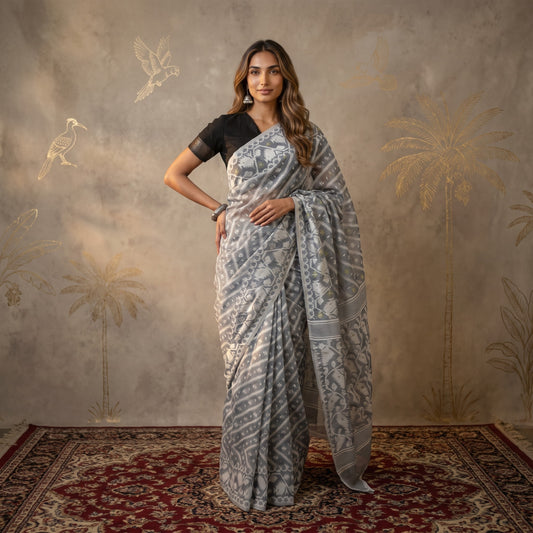 Grey Jamdani Woven Cotton Blend Saree