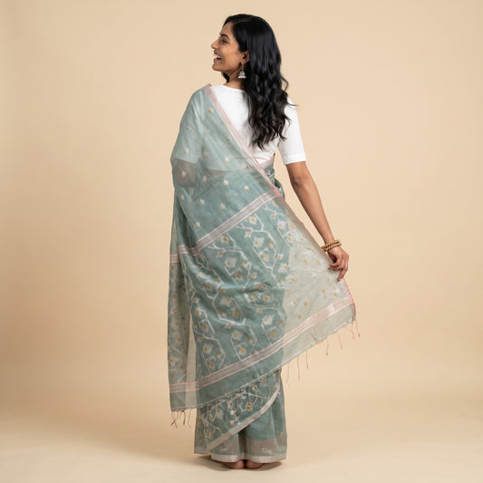 Sea Green Handloom Linen Jamdani Saree