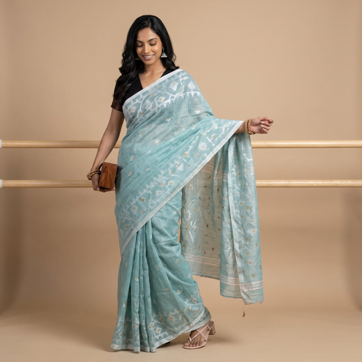 Sea Green Handloom Linen Jamdani Saree