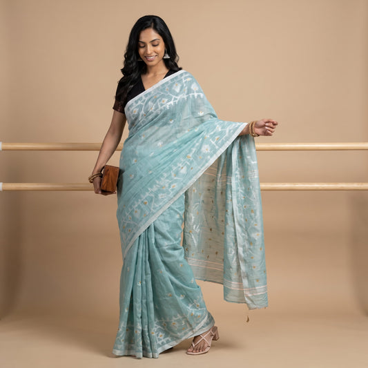 Sea Green Handloom Linen Jamdani Saree