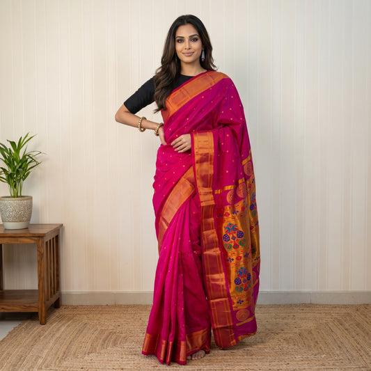 Vibrant Pink Paithani Silk Saree with Rich Golden Zari Pallu