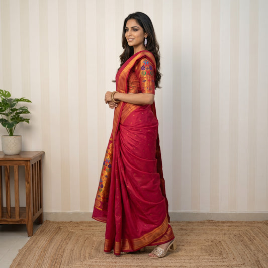 Traditional Pink Silk Paithani Saree with Golden Peacock Zari Pallu