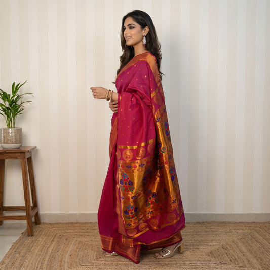 Traditional Pink Silk Paithani Saree with Golden Peacock Zari Pallu
