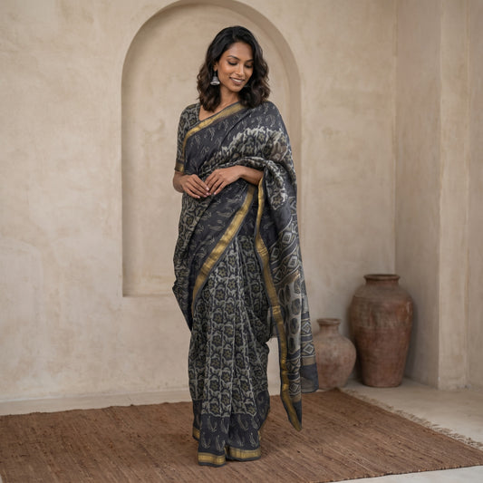 Elegant Charcoal Gray Printed Saree with Gold Zari Border