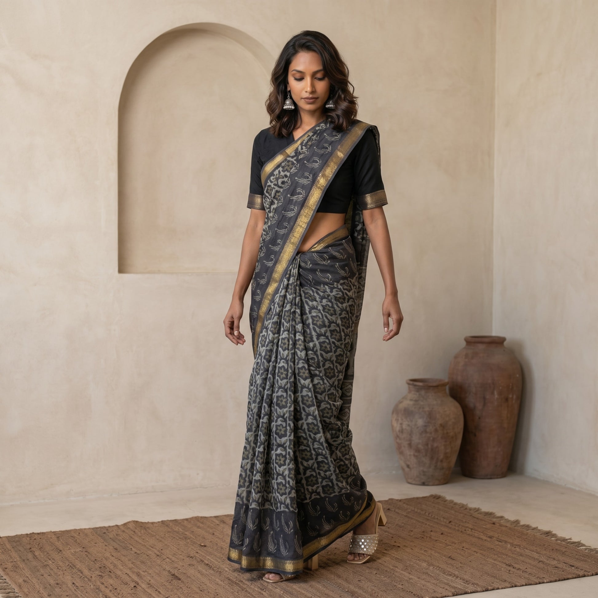 Elegant Charcoal Gray Printed Saree with Gold Zari Border