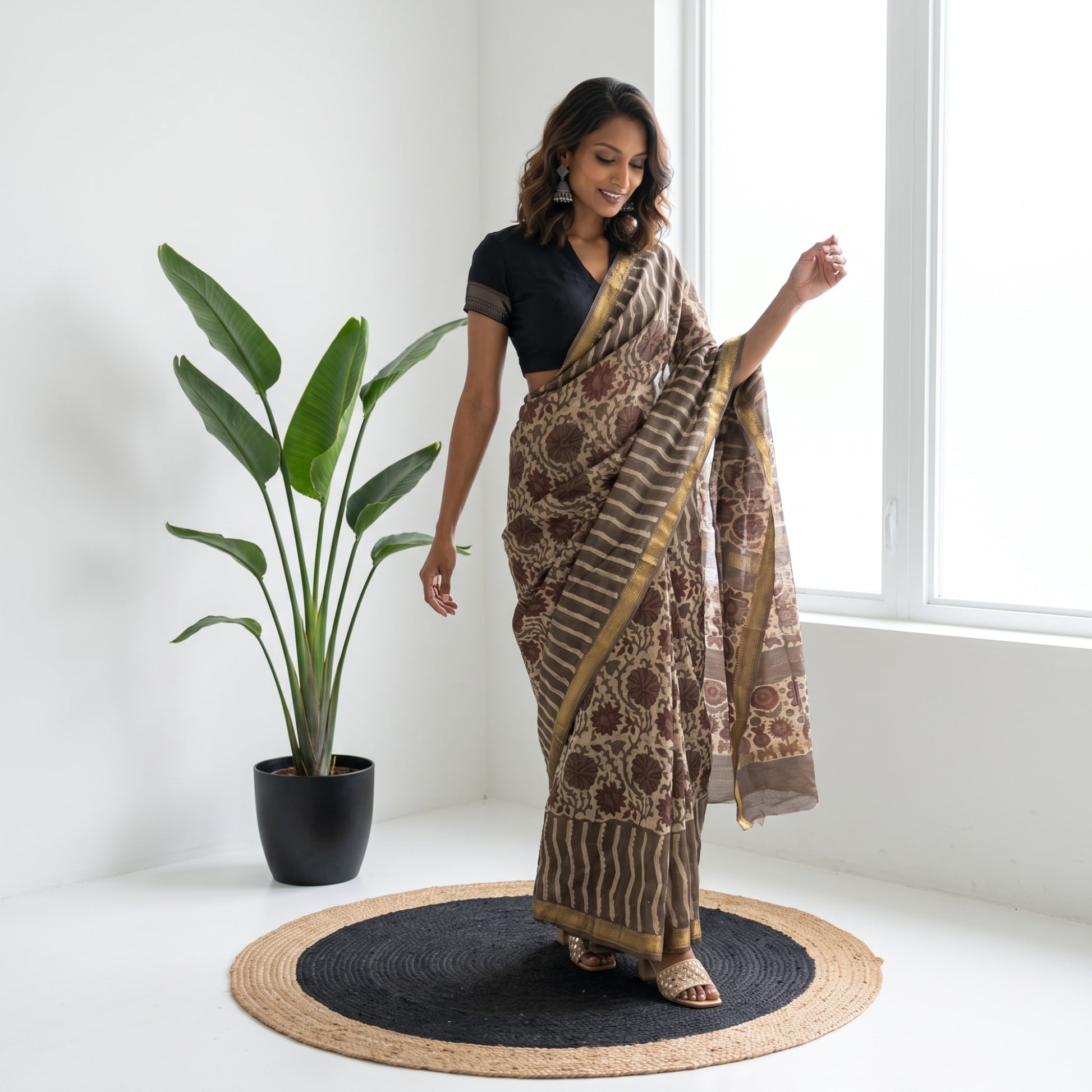 Elegant Brown Handblock Printed Silk Saree with Zari Border