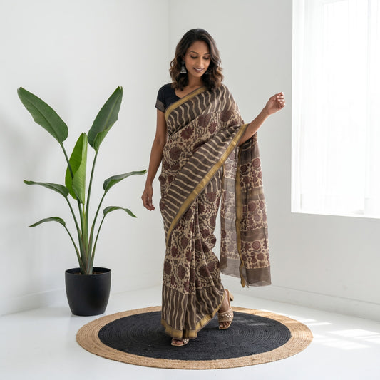 Elegant Brown Handblock Printed Silk Saree with Zari Border