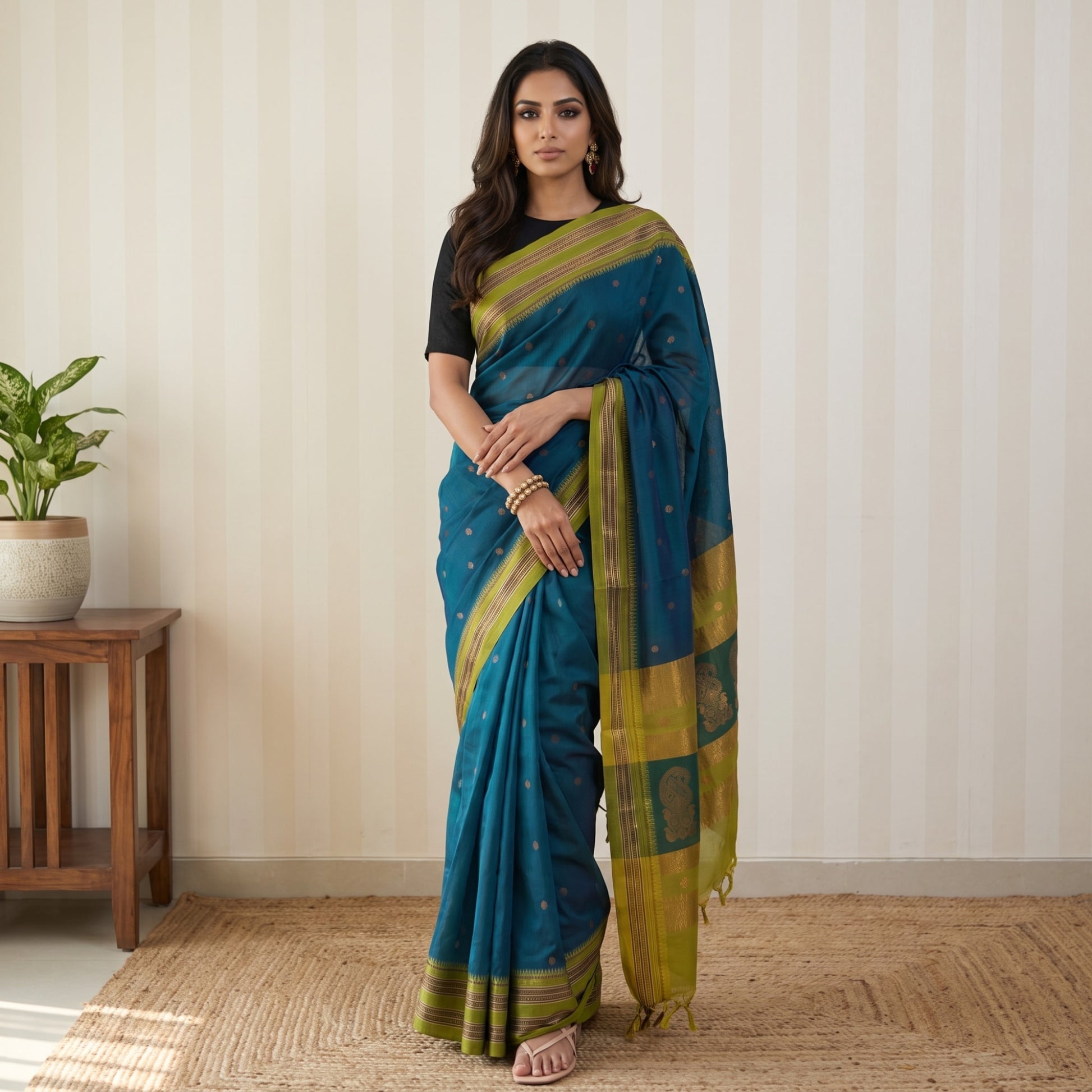 Peacock Blue and Yellow Traditional Woven Saree