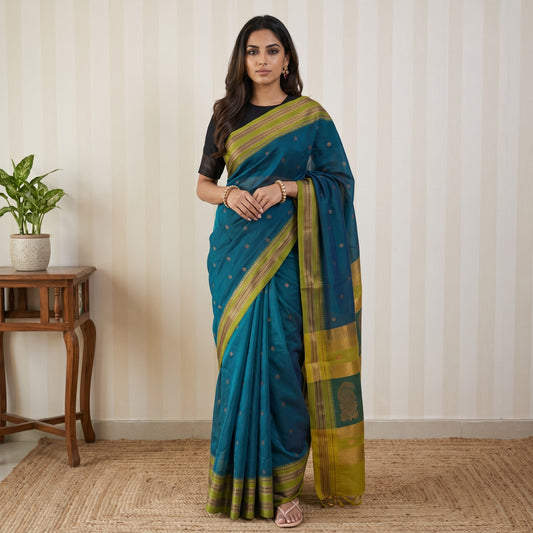 Peacock Blue and Yellow Traditional Woven Saree