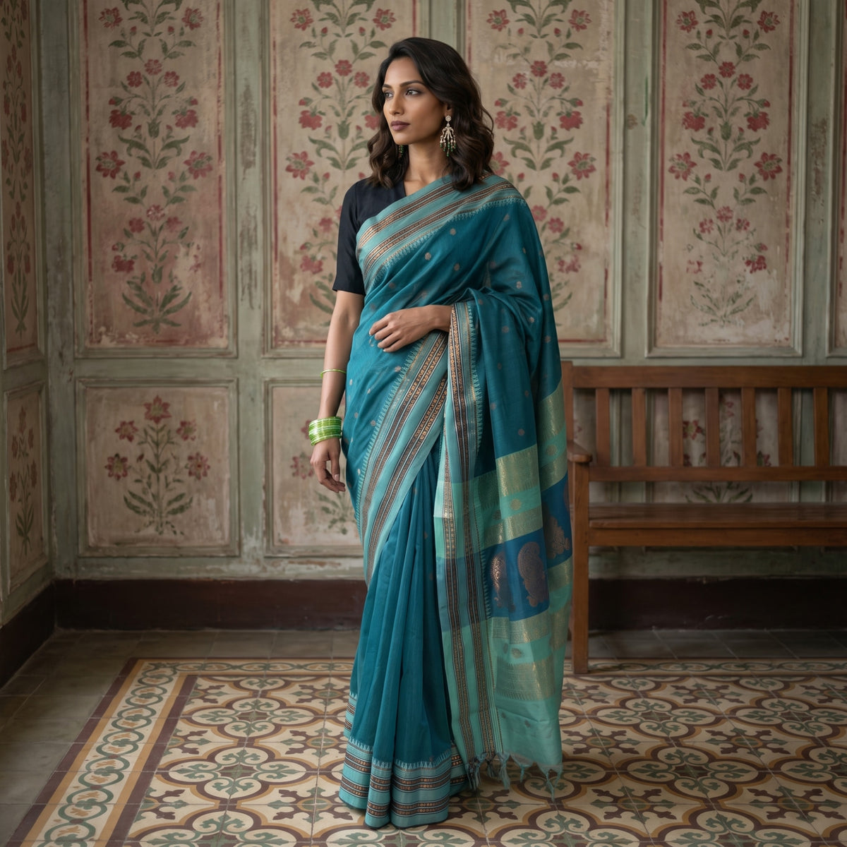 Teal Green Silk Saree with Gold Zari Motif & Paisley Pallu