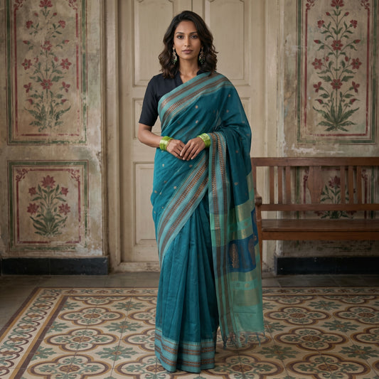 Teal Green Silk Saree with Gold Zari Motif & Paisley Pallu