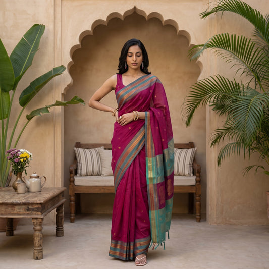 Pink and Teal Silk Saree with Zari Work