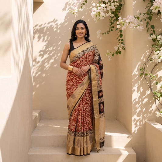 Red and Beige Printed Silk Saree with Zari Border