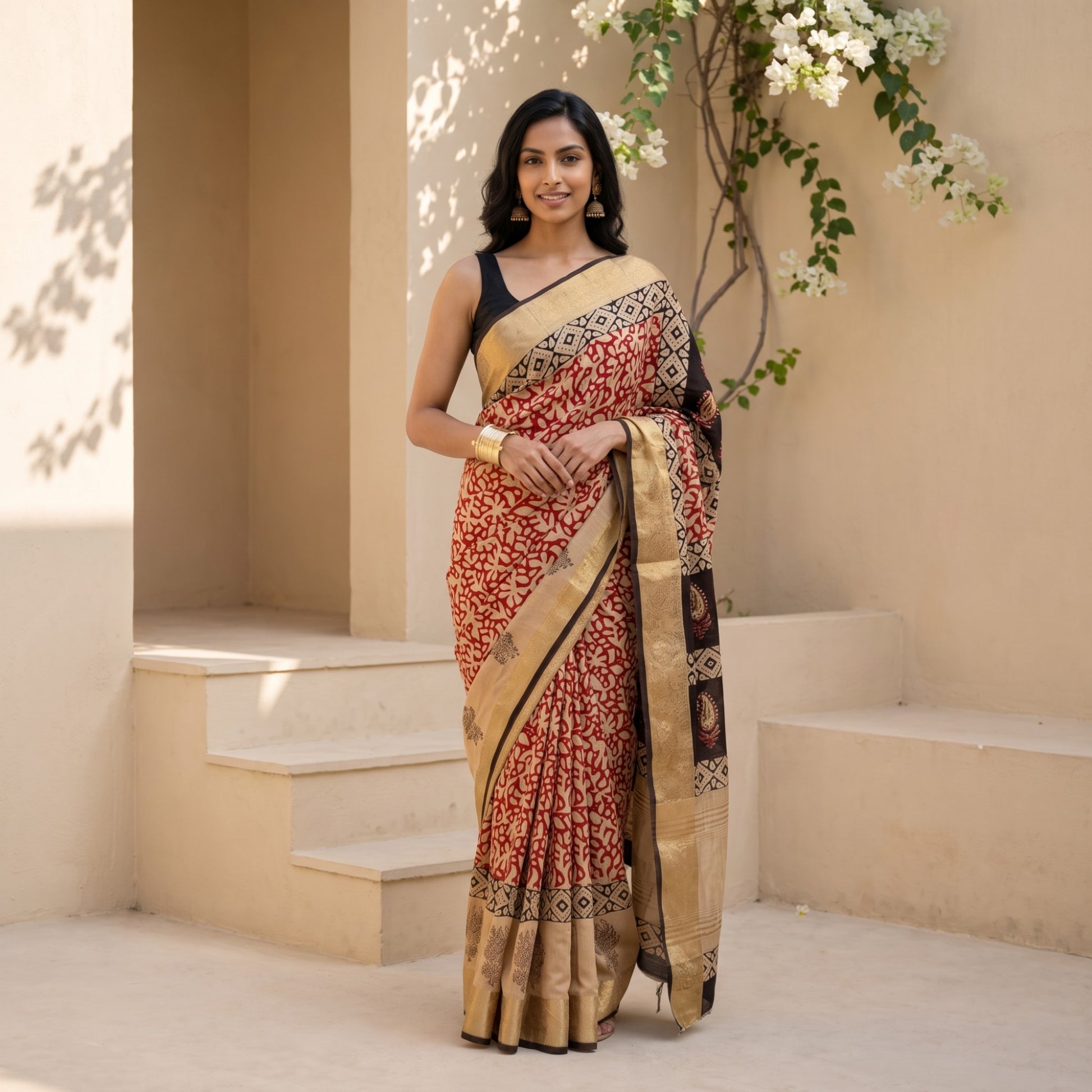 Red and Beige Printed Silk Saree with Zari Border