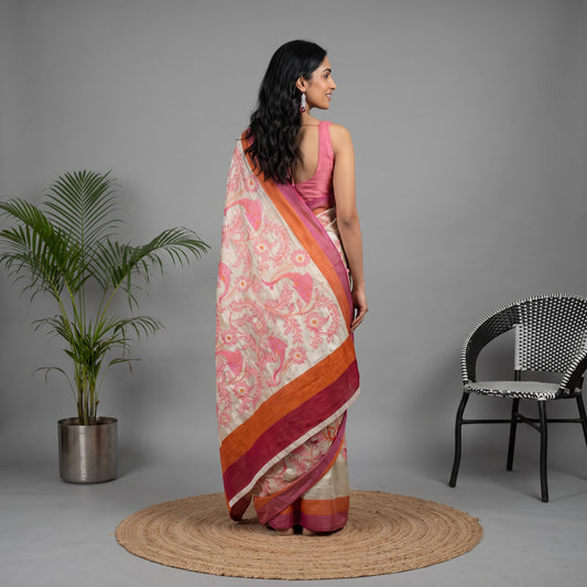Cream Embroidered Silk Saree with Pink and Orange Border