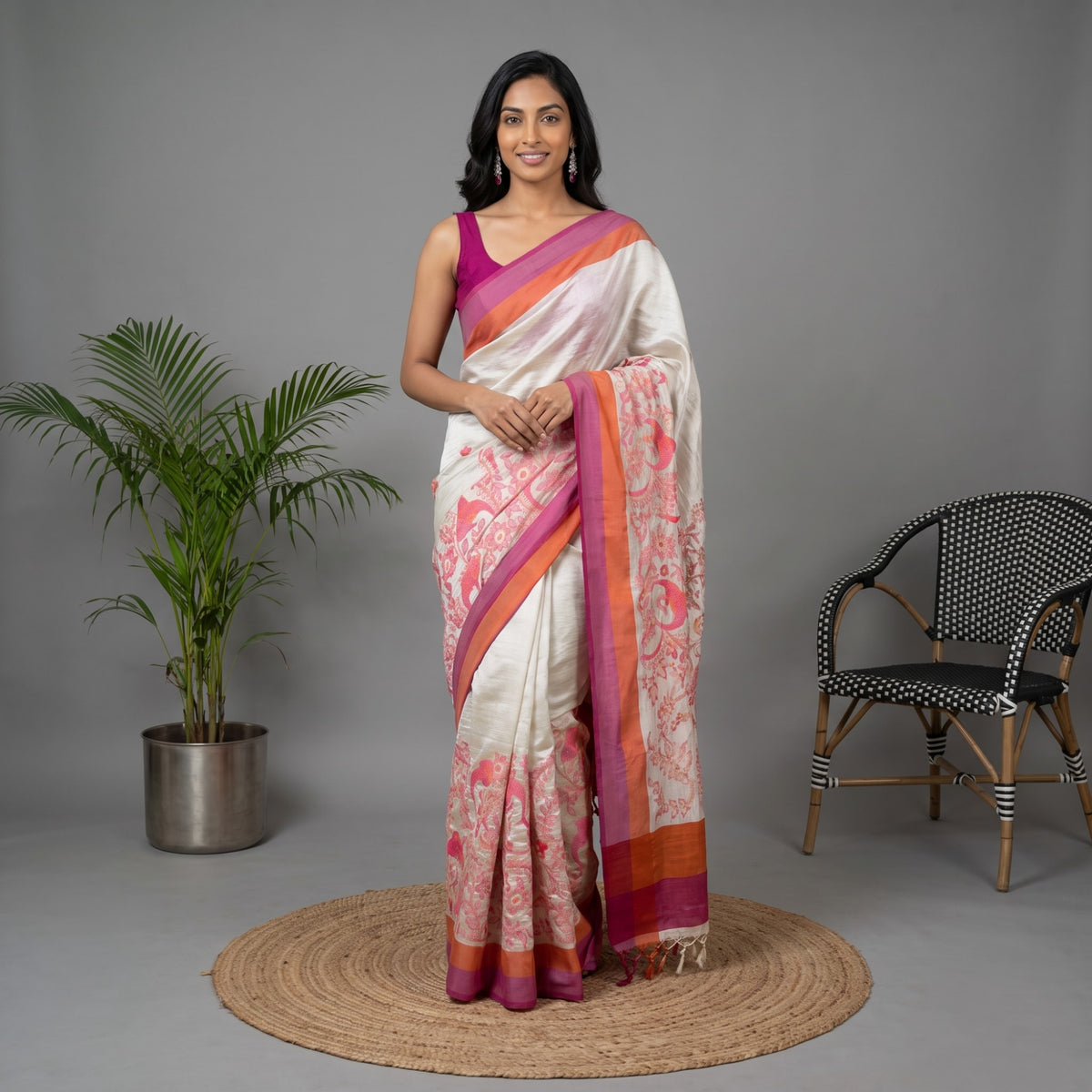Cream Embroidered Silk Saree with Pink and Orange Border