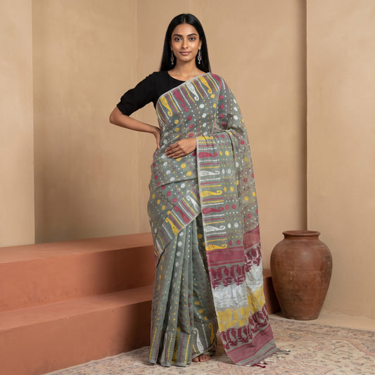 Handwoven Gray Jamdani Cotton Saree with Multicolor Floral Motifs