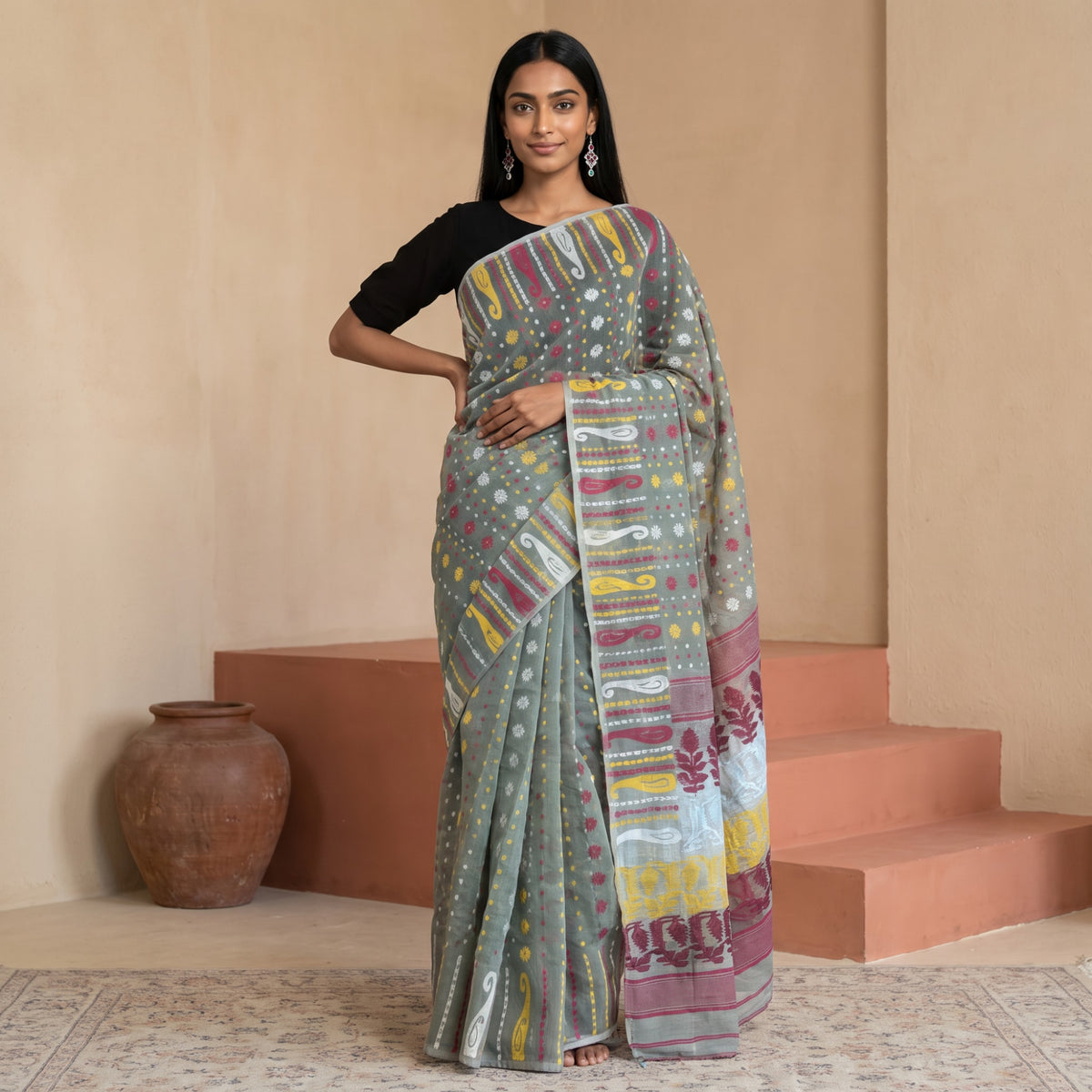 Handwoven Gray Jamdani Cotton Saree with Multicolor Floral Motifs