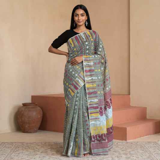 Handwoven Gray Jamdani Cotton Saree with Multicolor Floral Motifs
