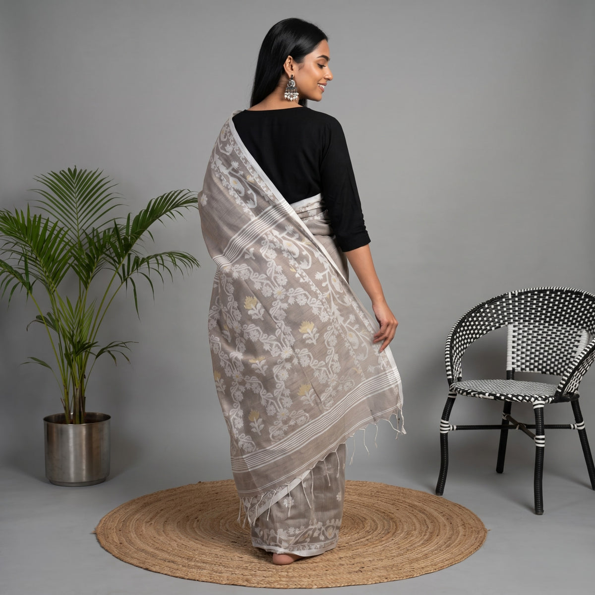 Greyish Brown Linen Cotton Jamdani Saree with White Woven Border
