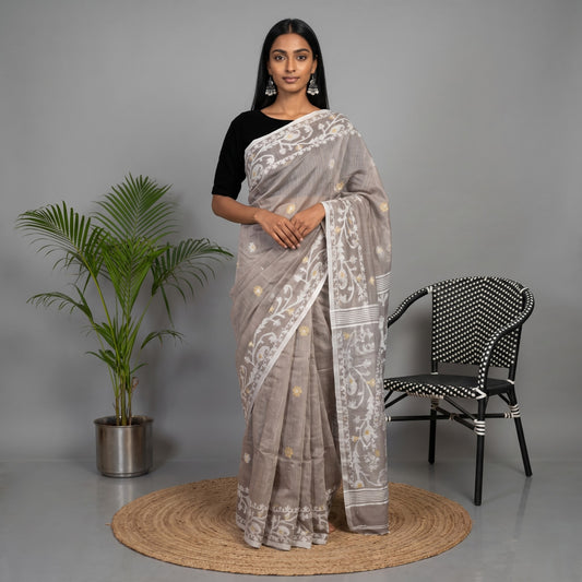 Elegant Greyish Brown Linen Cotton Jamdani Handloom Saree with running blouse