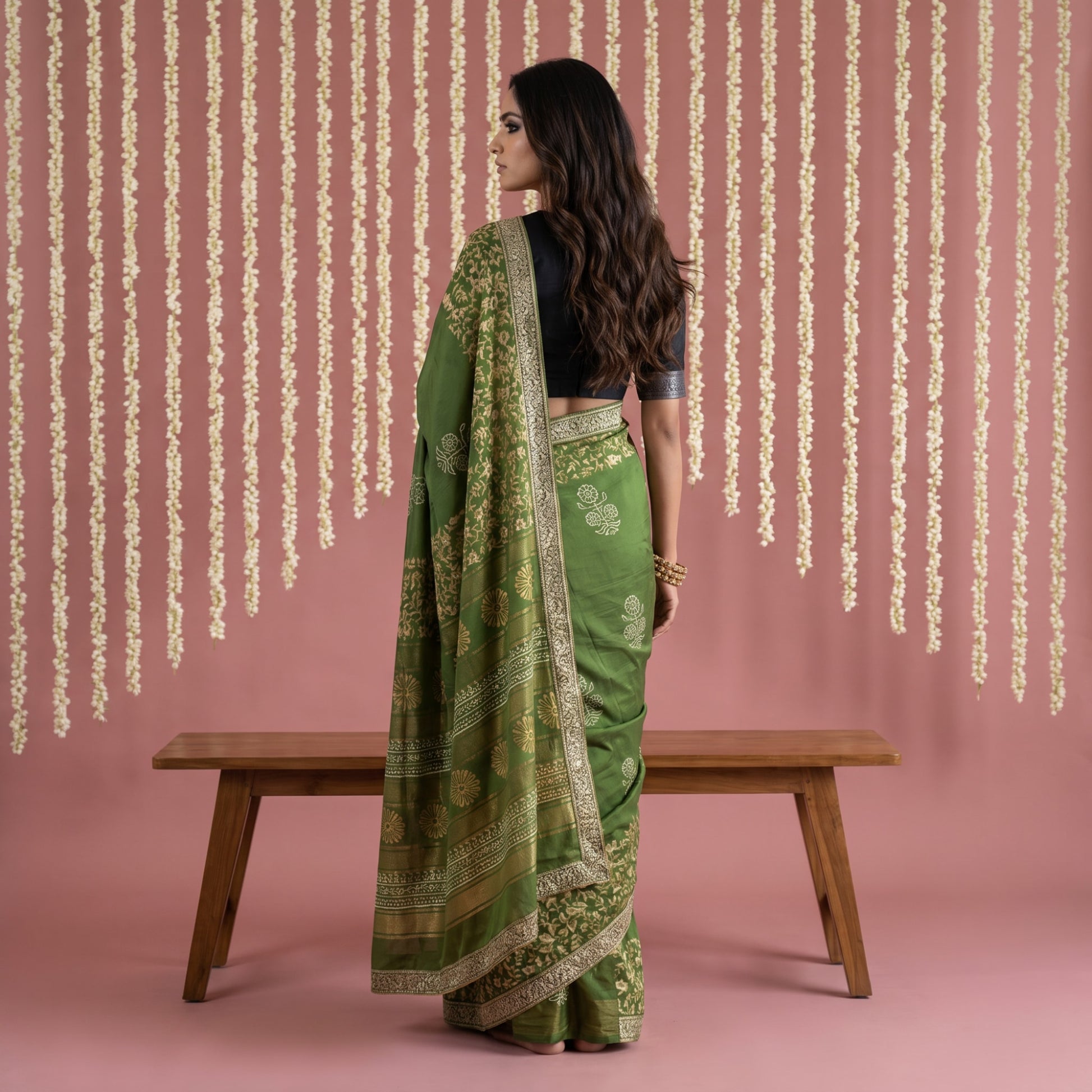 Green Hand Block Printed Cotton Saree