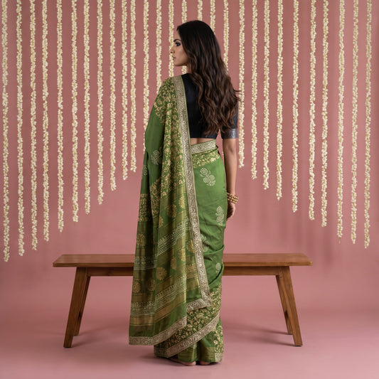 Green Hand Block Printed Cotton Saree