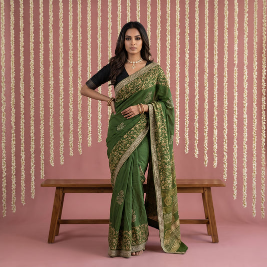 Vibrant Green Pure Hand Block Vegetable Printed Cotton Saree with running blouse