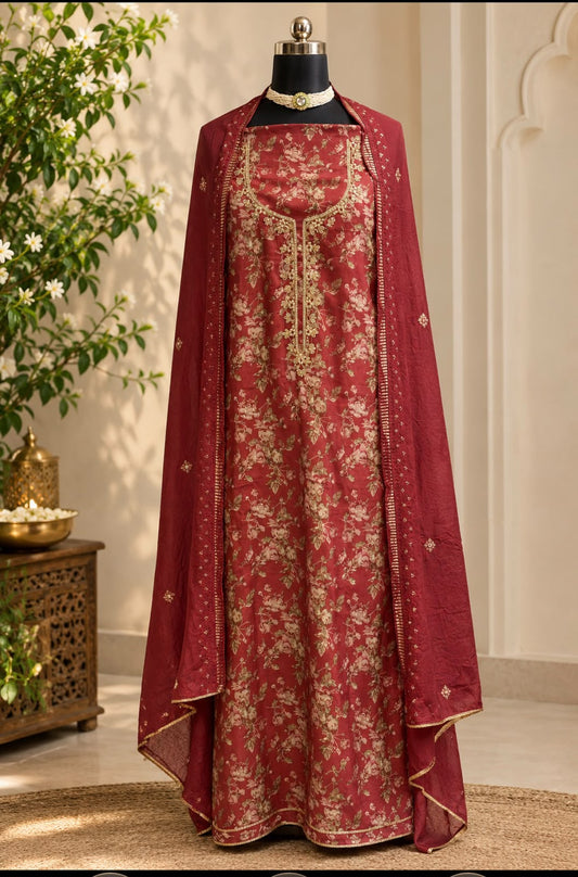 Burgundy Red printed Unstitched suit