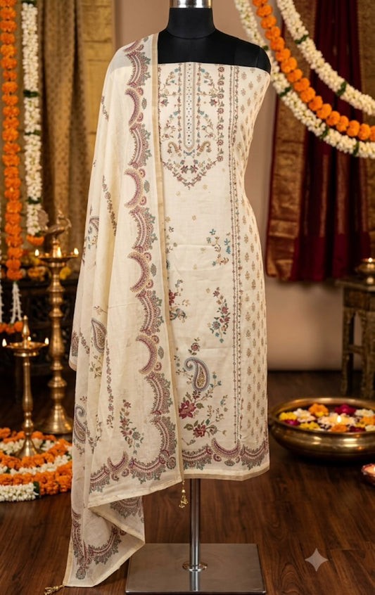 Cream Floral Paisley Print Unstitched Suit