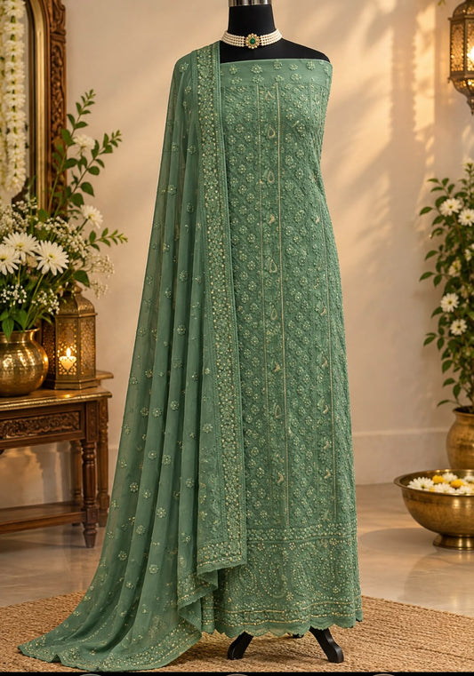 Green Lucknowi Embroidery  unstitched suit